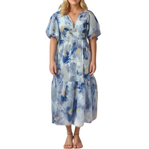 Blue Floral Midi Dress Puff Sleeve Tiered Jessica Simpson Dress Vacation Travel